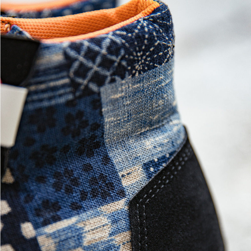 夏季新款男鞋復古高幫帆布鞋潮流印花休閒鞋子腰果花板鞋