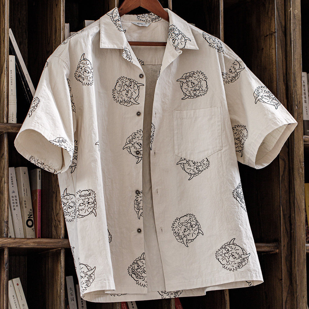 復古建禦雷神印花襯衫純棉麻感寬鬆米色短袖襯衣