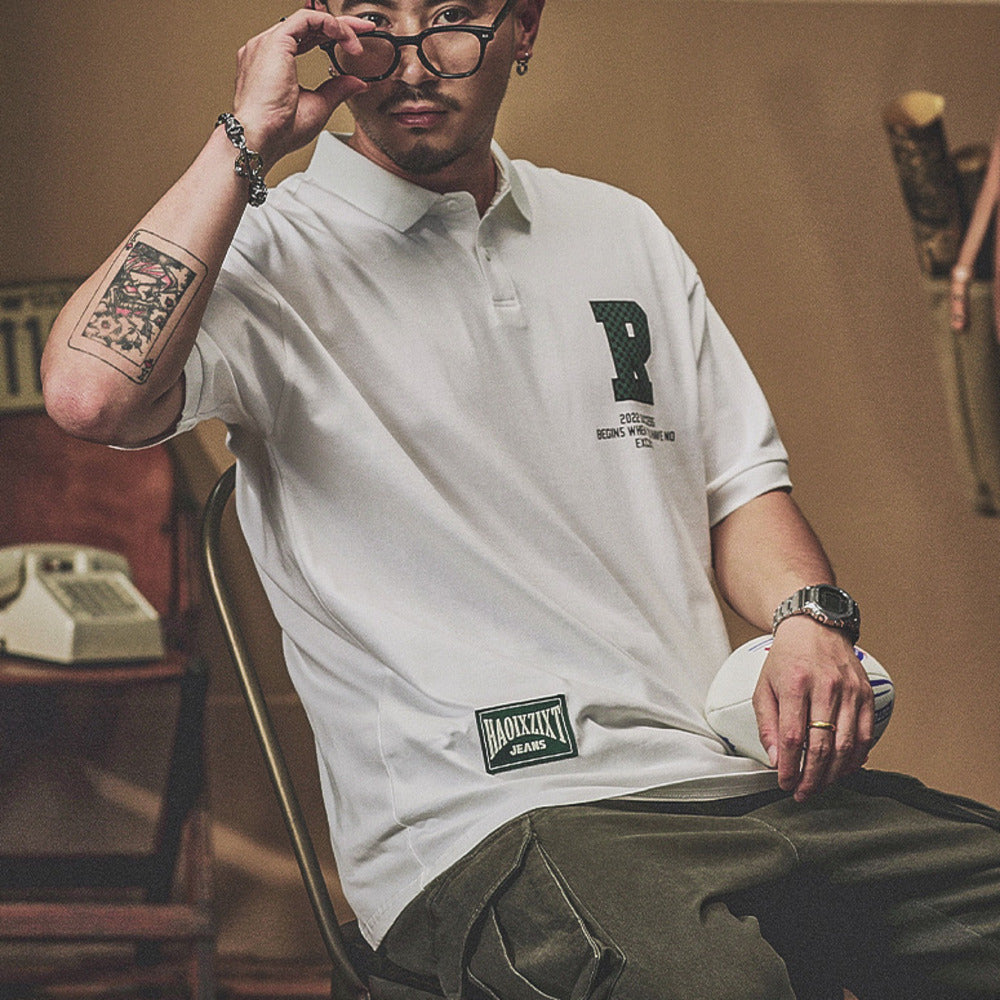 潮牌t恤短袖polo衫美式字母男通勤半袖体恤