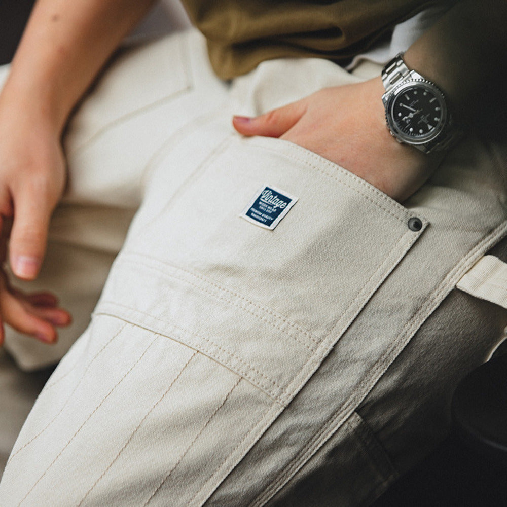 美式復古做舊寬松米白色牛仔褲水洗直筒多袋伐木工裝褲