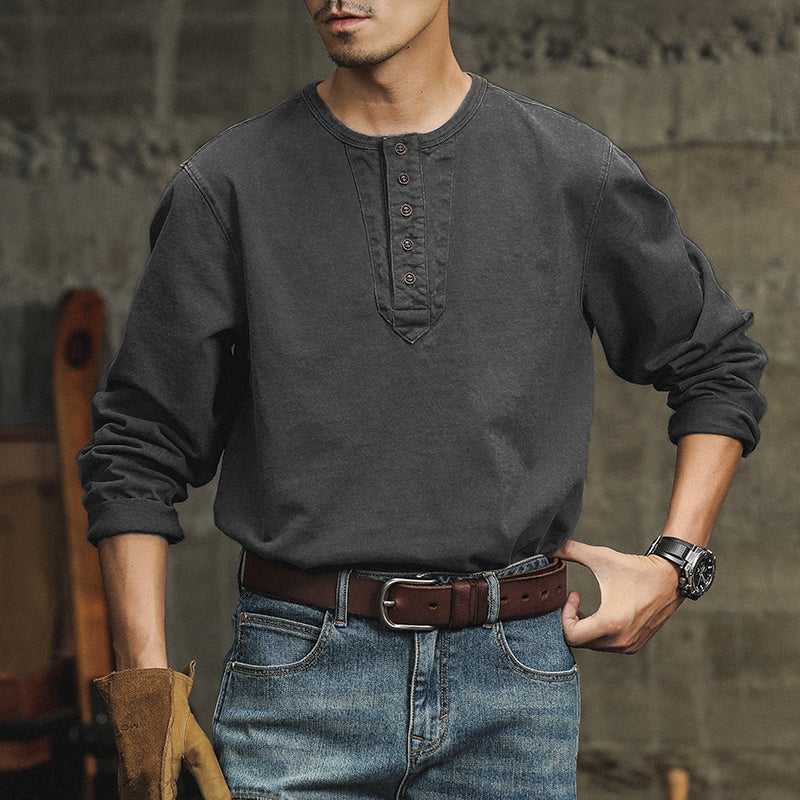 硬漢水洗做舊純棉Polo衫男春秋款休閑美式復古亨利衫長袖T恤