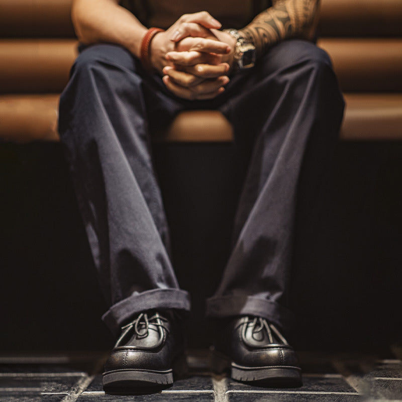 美式復古莫卡辛袋鼠鞋英倫休閑黑色圓頭德比小皮鞋