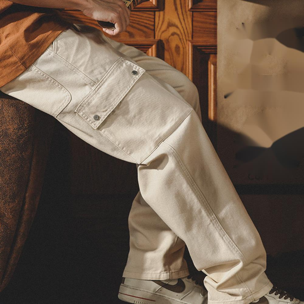 復古直筒工裝褲男潮牌寬松闊腿褲子男款休閑長褲春秋季美式滑板褲