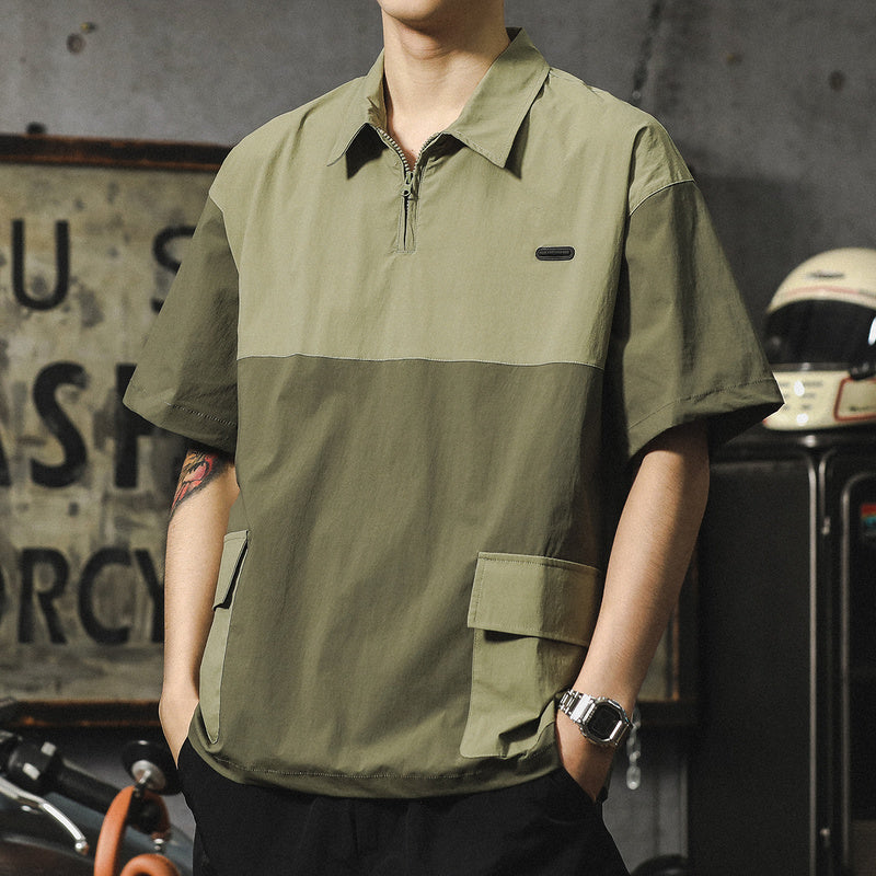 美式休閑速幹男t恤夏天薄款冰絲短袖拼色polo衫潮牌工裝襯衫體恤