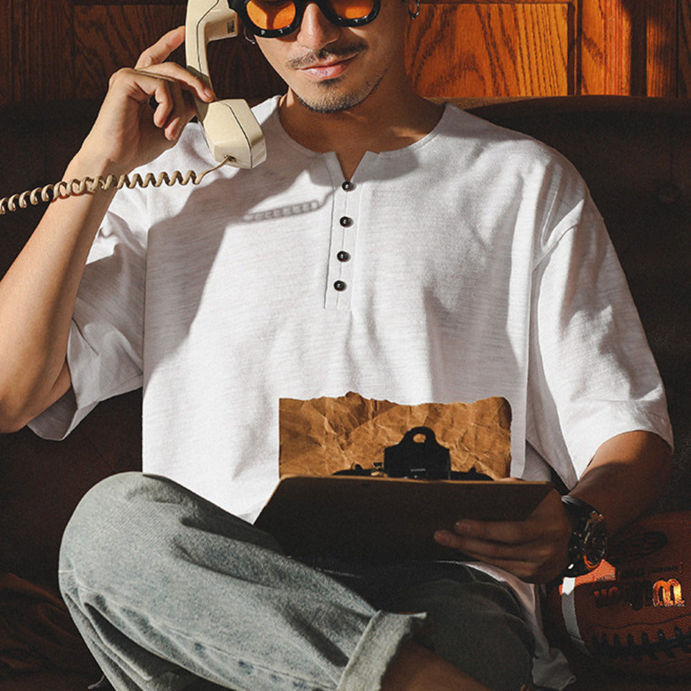 美式亨利領t恤短袖男潮牌潮流寬鬆竹節棉麻體恤衣服男款夏季