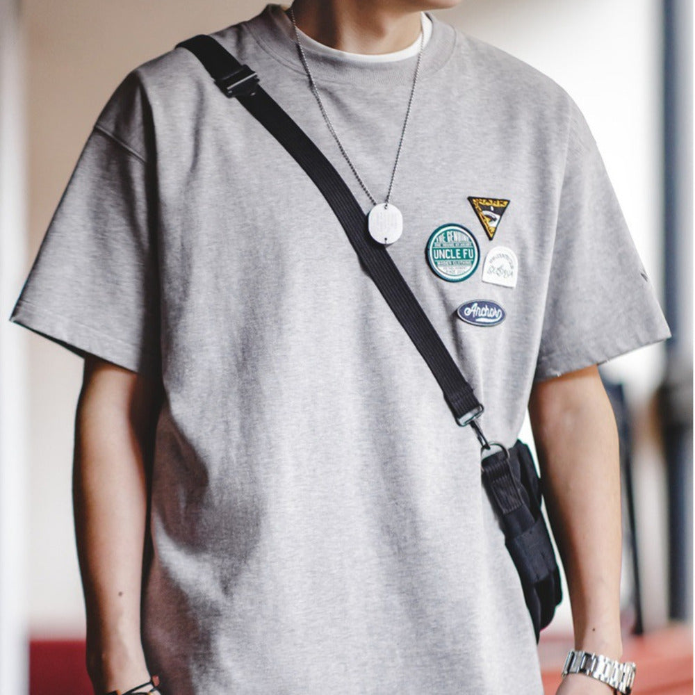 美式休閑刺繡徽章短袖t恤設計感純棉圓領五分袖Tee男夏季