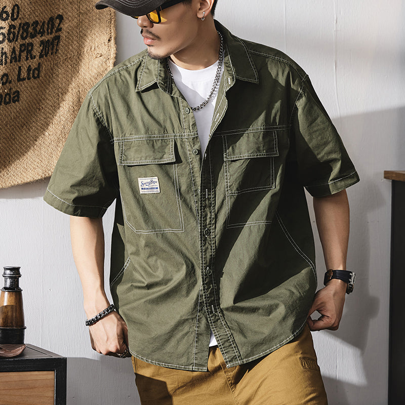 短袖襯衫夏季美式復古明線貼標襯衣潮流純棉大碼工裝外套