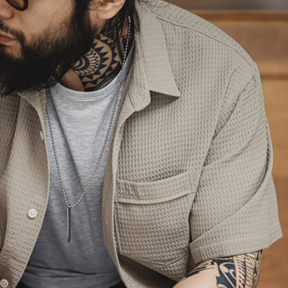 美式休閑華夫格短袖襯衫免燙抗皺肌理感透氣襯衣