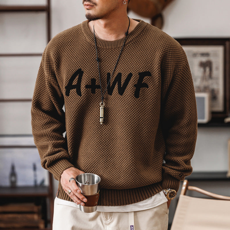 美式復古冬季潮牌字母針織衫男士寬松保暖線衣