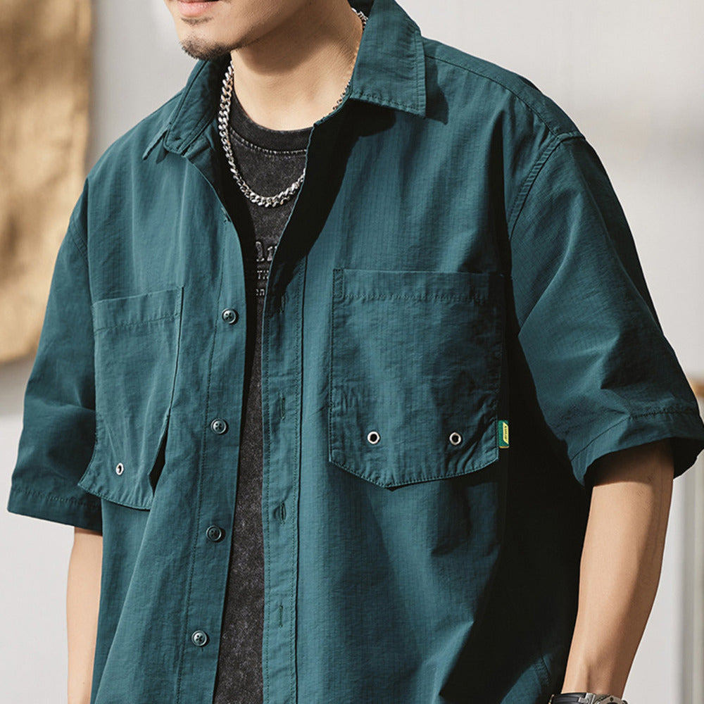 純棉復古大碼工裝外套夏季戶外美式街頭半袖襯衣