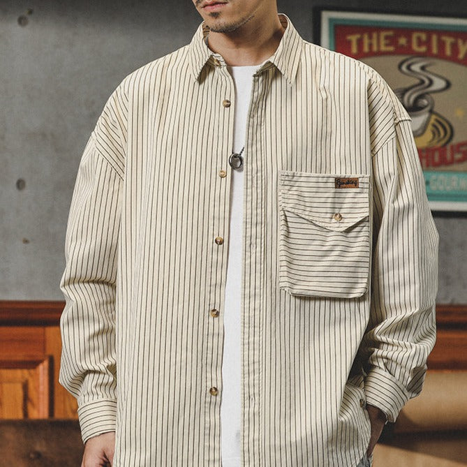 美式條紋襯衫男長袖設計感寬鬆休閒廓形襯衣寸衫外套