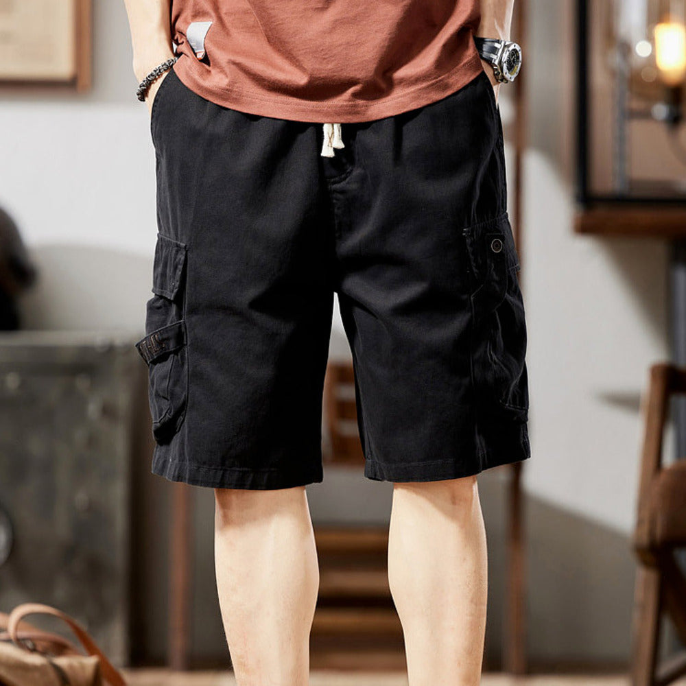 夏季男士口袋大碼休閑抽繩中褲美式純棉五分褲