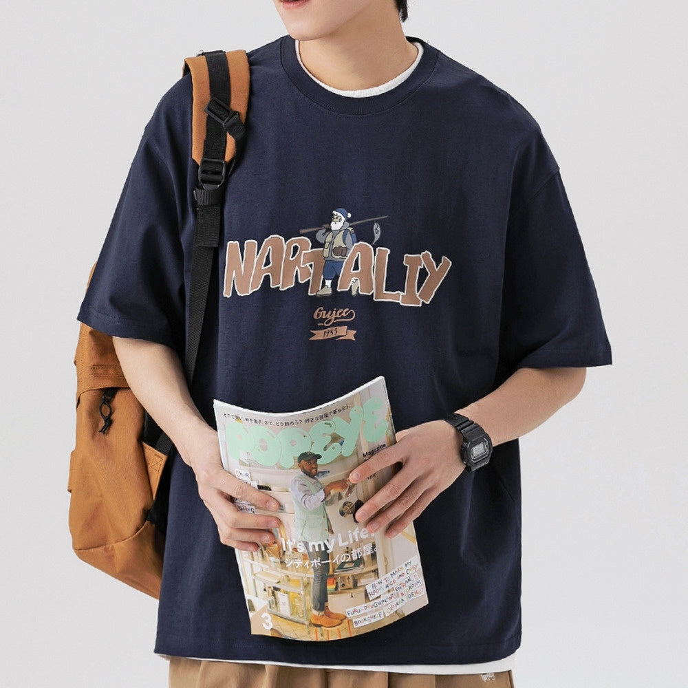 250G雙紗夏季美式復古印花短袖T恤男純棉圓領寬松休閑半袖體恤衫