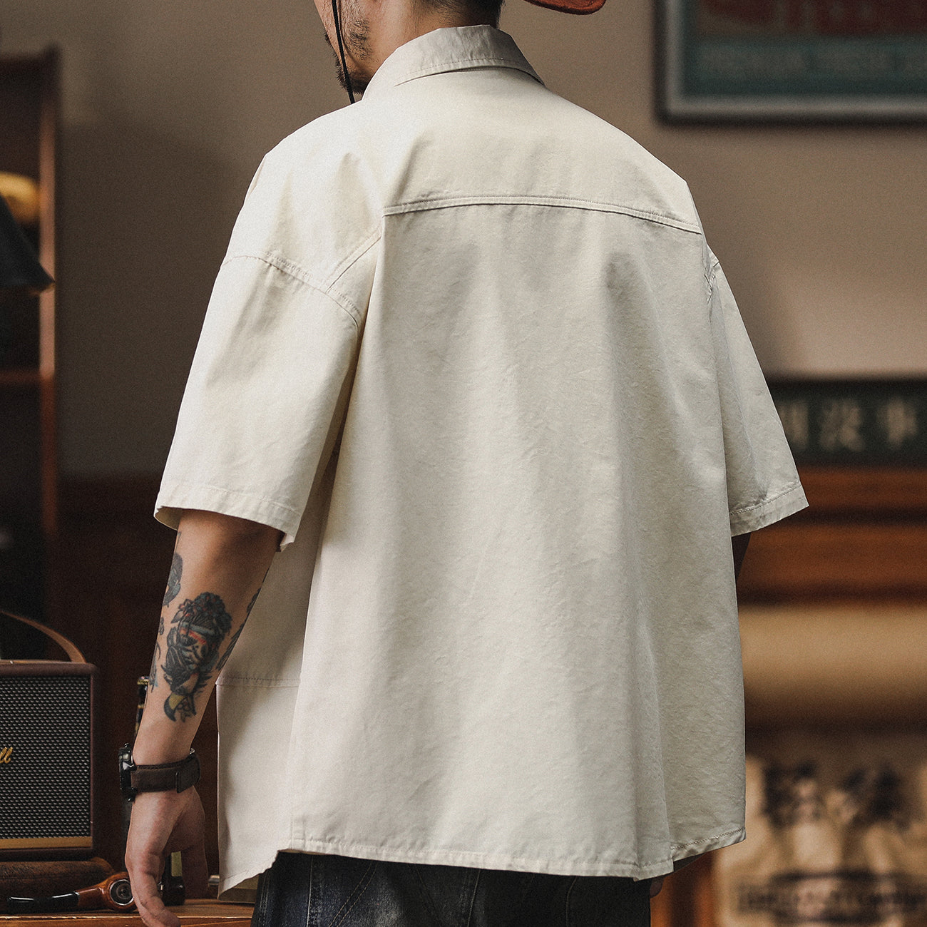 美式復古工裝短袖純棉潮牌寬松大碼五分袖休閑襯衣