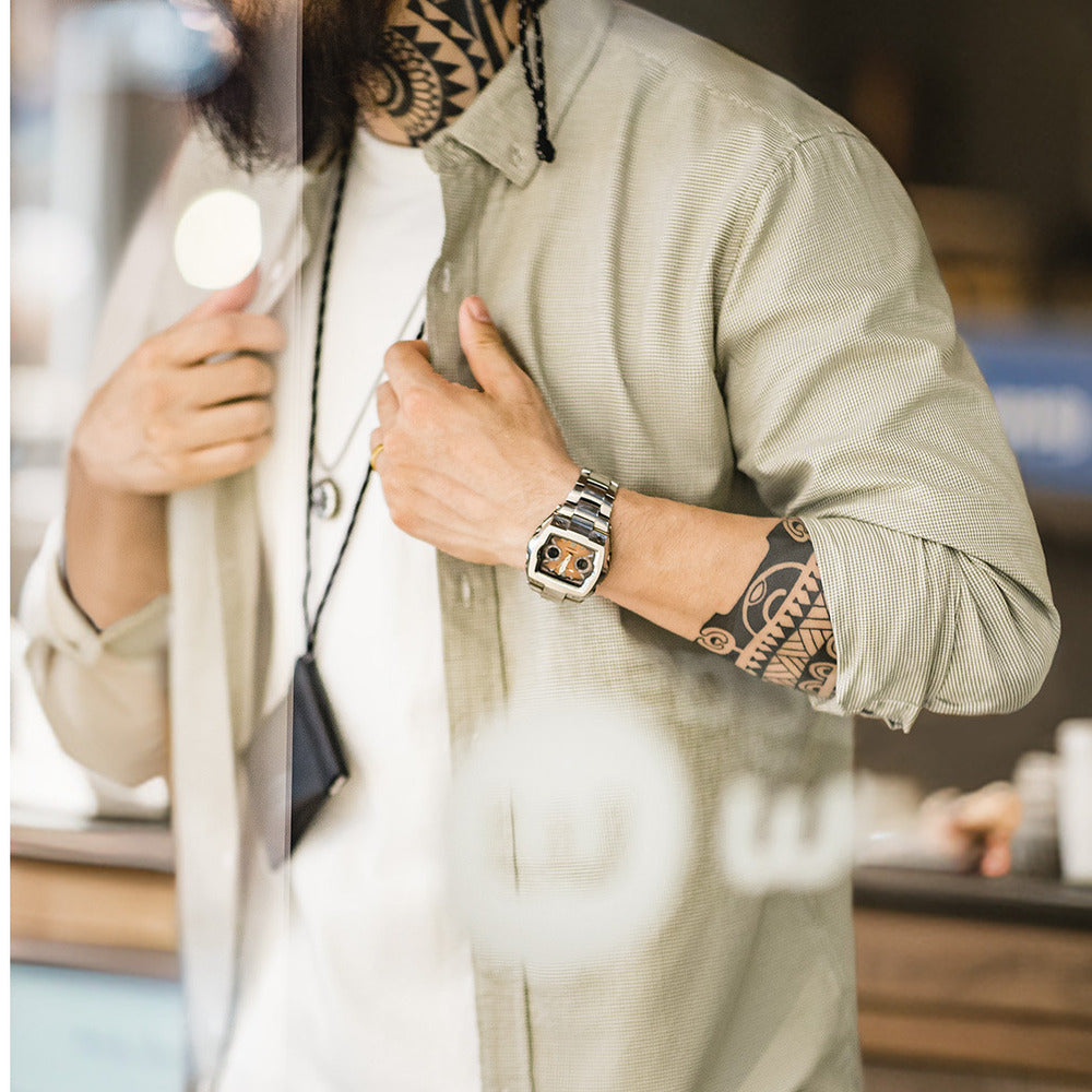 休閑千鳥格襯衫紐扣通勤商務格子長袖襯衣