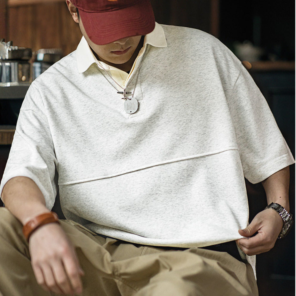 美式復古針織短袖polo衫cleanfit翻領五分袖T恤男夏