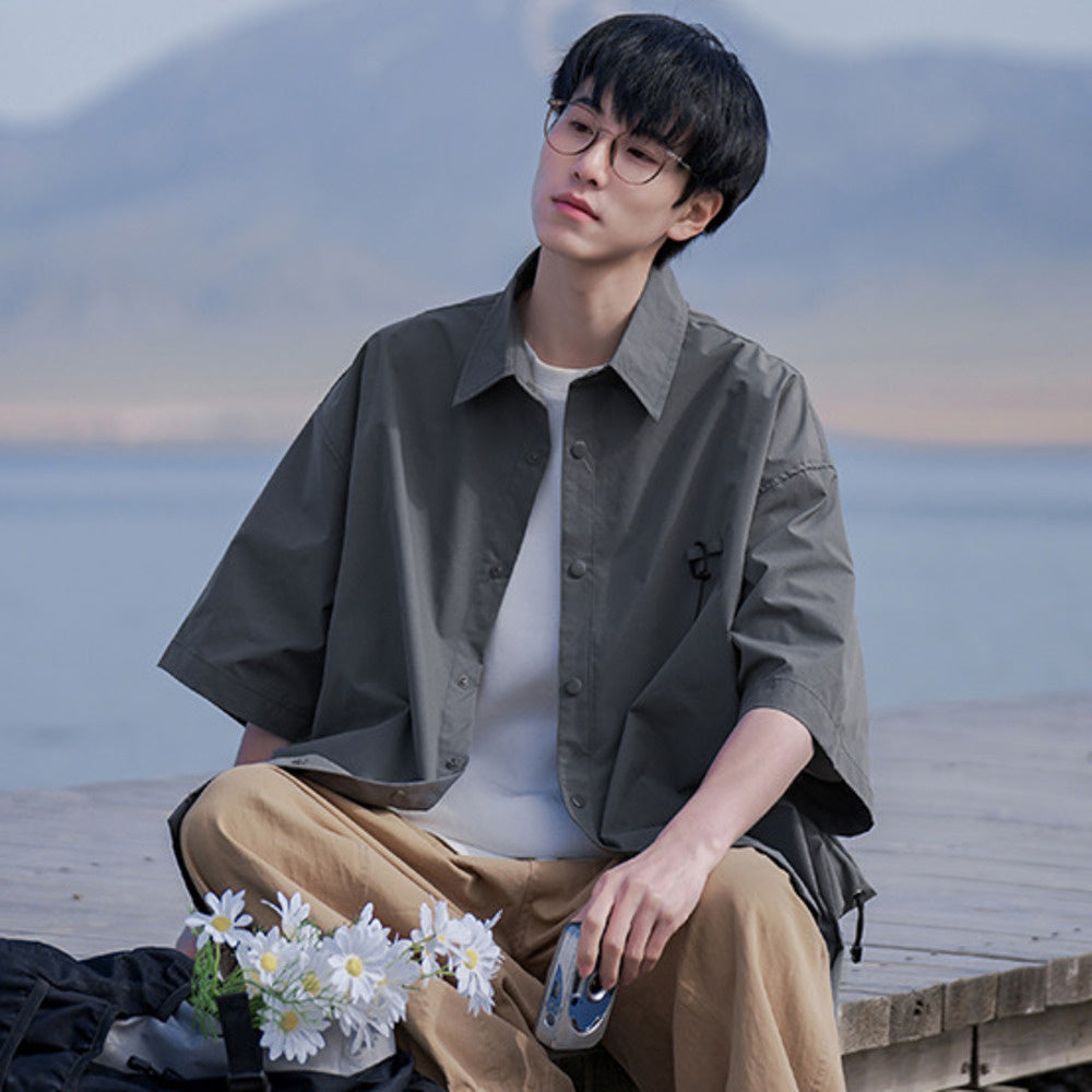 工裝短袖襯衫男士薄款夏季復古潮牌寬松休閑痞帥襯衣外套