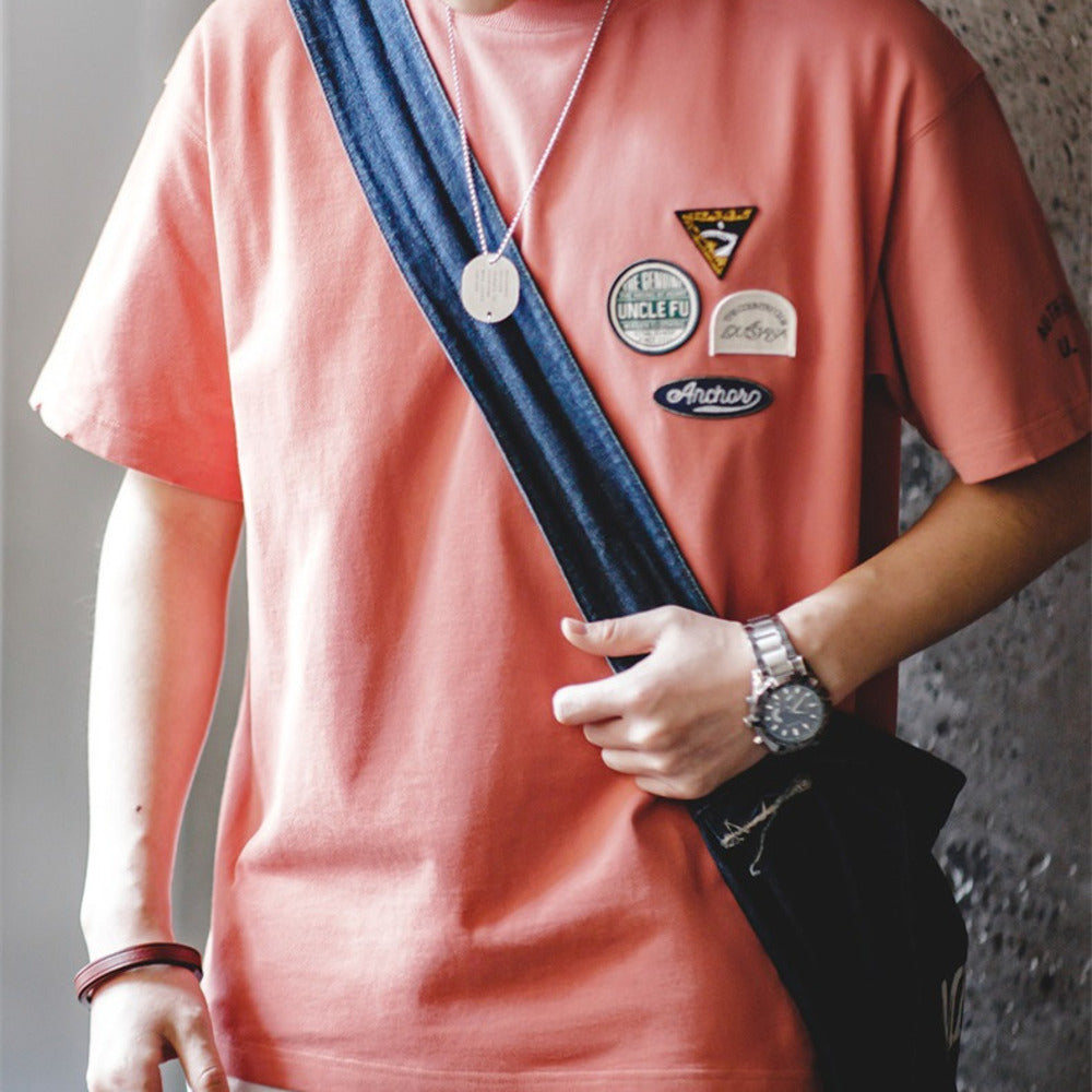 美式休閑刺繡徽章短袖t恤設計感純棉圓領五分袖Tee男夏季