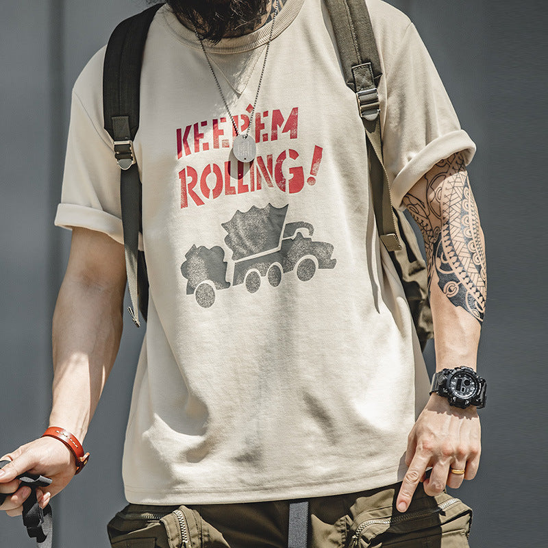 美式復古塗鴉字母印花短袖T恤混紡圓領杏色小眾Tee男夏