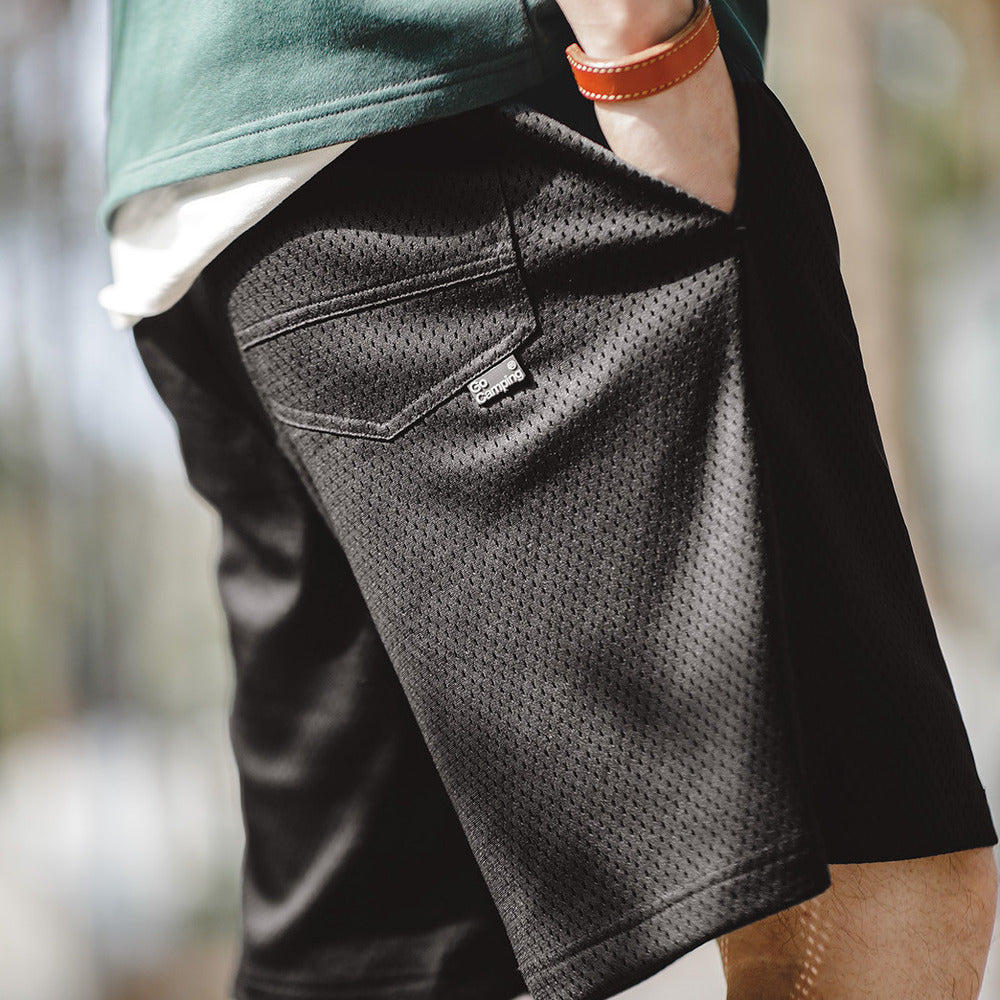 復古網眼透氣排汗訓練運動五分褲