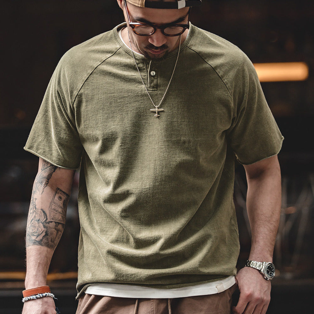 復古做舊亨利領彈力修身短袖咔叽美式硬漢T恤衫