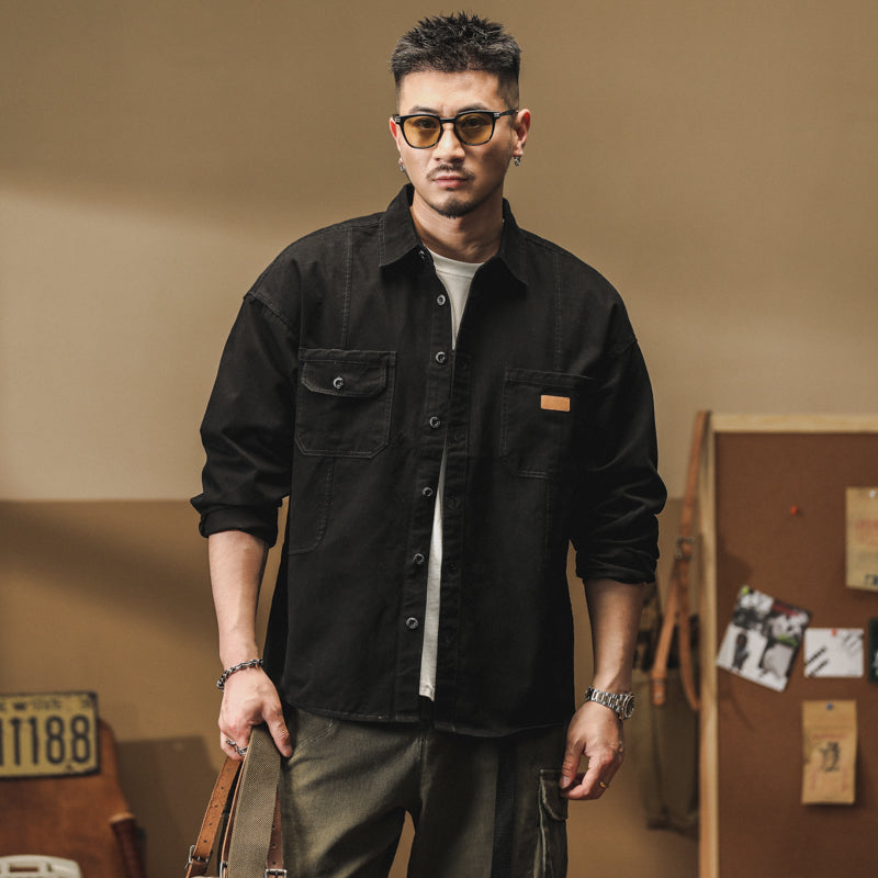 美式復古長袖襯衫春秋季款純棉休閑工裝襯衣外套