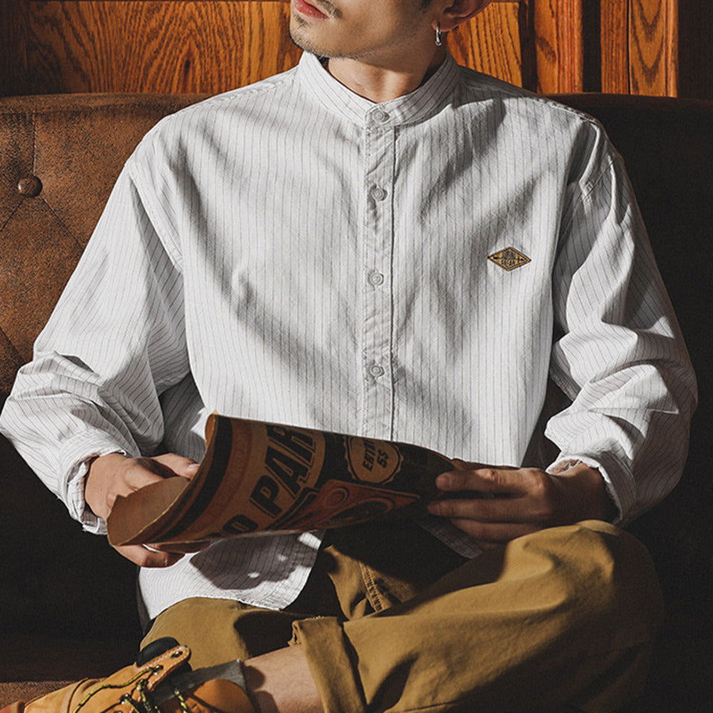 復古條紋襯衫春秋季美式休閑圓領內搭外穿立領襯衣外套