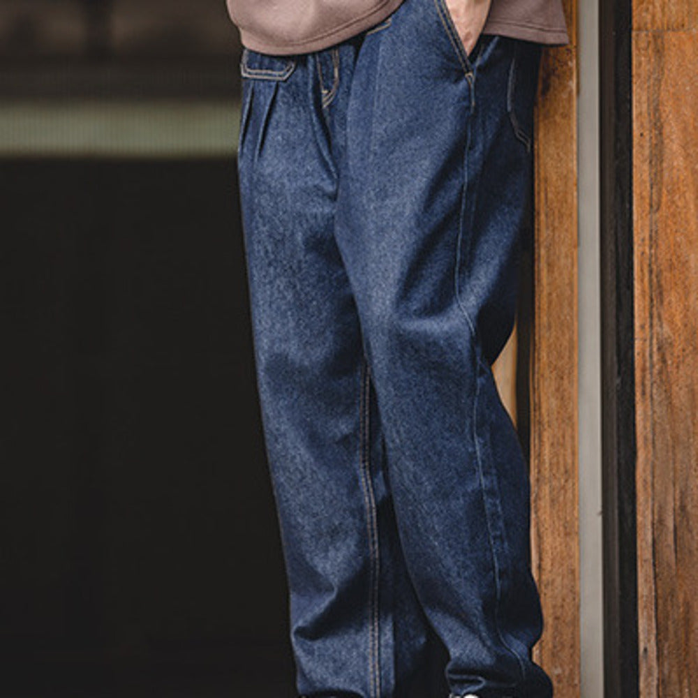 復古丹寧水洗松緊腰牛仔褲cityboy闊腿錐形褲