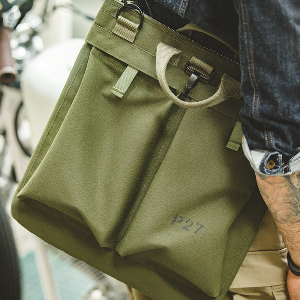 馬復古頭盔帆布斜挎飛行員單肩機能大容量平板電腦手提包