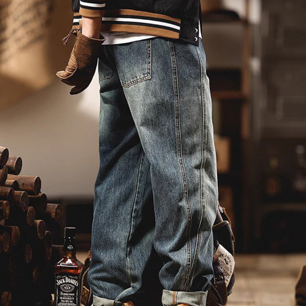 新款設計感拼接工裝長褲美式休閑水洗牛仔褲