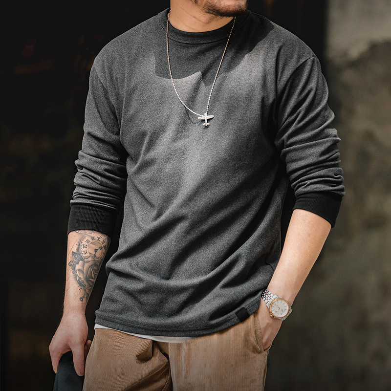 美式三本針磨毛加絨保暖長袖彈力內衣打底衫衛衣