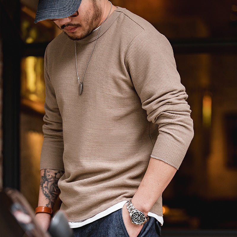 復古300g華夫格圓領T恤衛衣三本針長袖打底衫