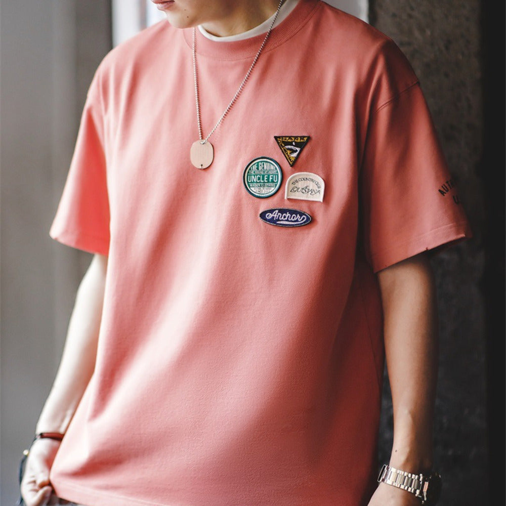 美式休閑刺繡徽章短袖t恤設計感純棉圓領五分袖Tee男夏季