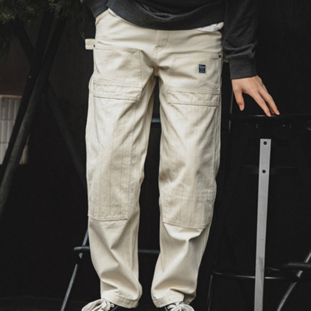 美式復古做舊寬松米白色牛仔褲水洗直筒多袋伐木工裝褲
