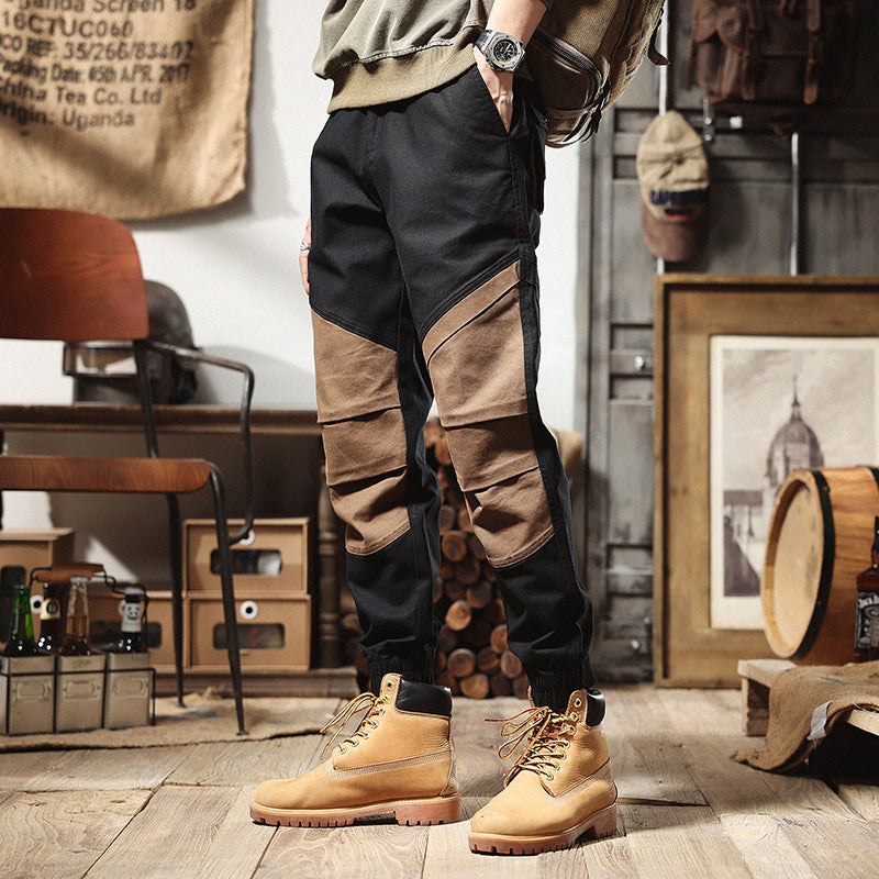 美式工裝褲男春季復古哈倫褲男士軍事風拼接褲