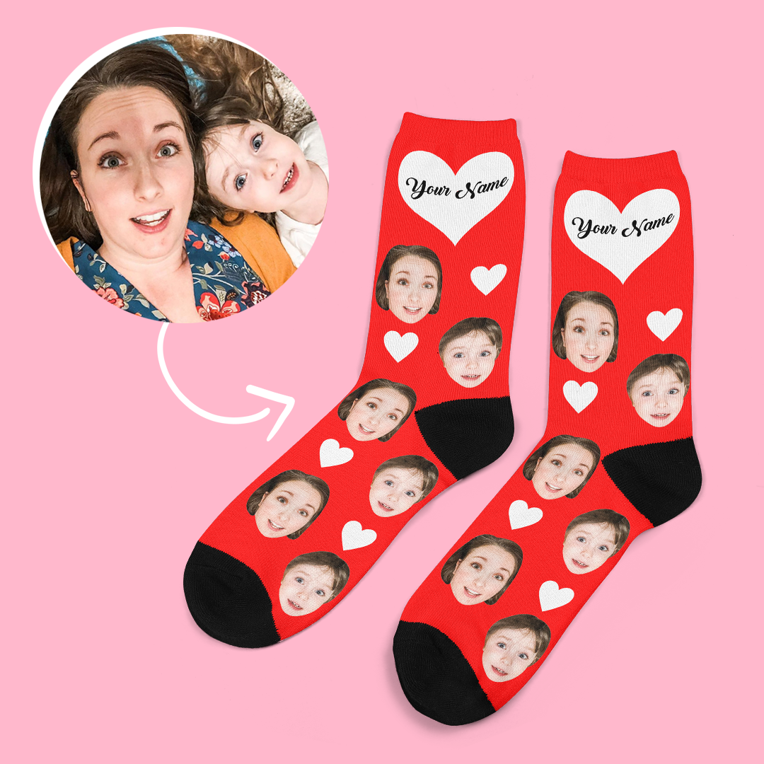 Personalized Gifts, Custom Face Socks Add Pictures and Name - Heart