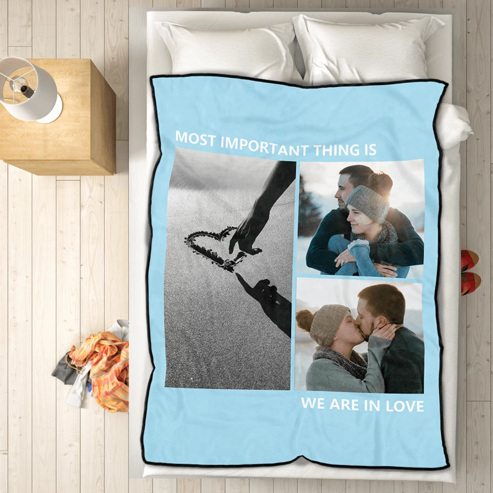 personalized love with 3 photos fleece custom blanket