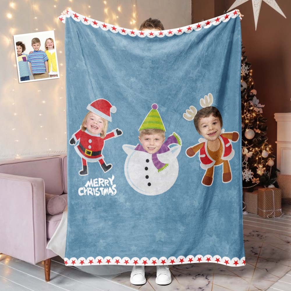 カスタムフォトブランケット - 子供たちの写真入れ可能なクリスマスフリース毛布ひざかけギフト - サンタクロースと雪だるまとトナカイ