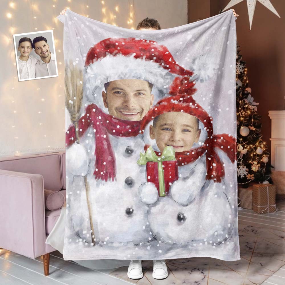 カスタムフォトブランケット - 親子写真入れ可能なクリスマスフリース毛布ひざかけギフト - 雪だるま