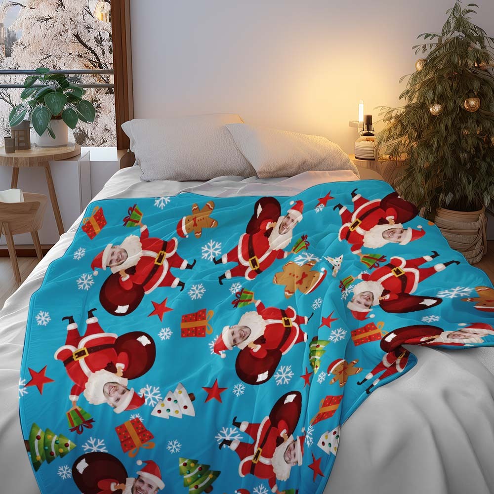 カスタムフォトブランケット - 写真入れ可能なクリスマスフリース毛布ひざかけギフト - プレゼントを届けるサンタクロース