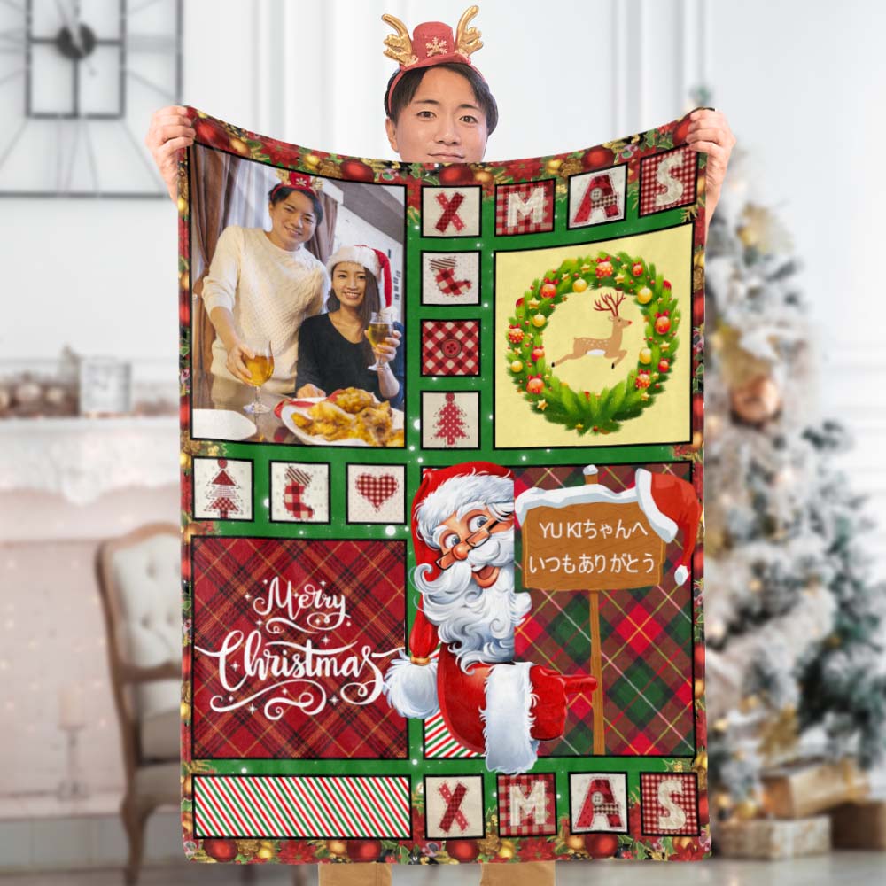カスタムフォトブランケット-写真入れテキスト入れ可能なサンタクロース柄のフリース毛布クリスマスひざかけギフト