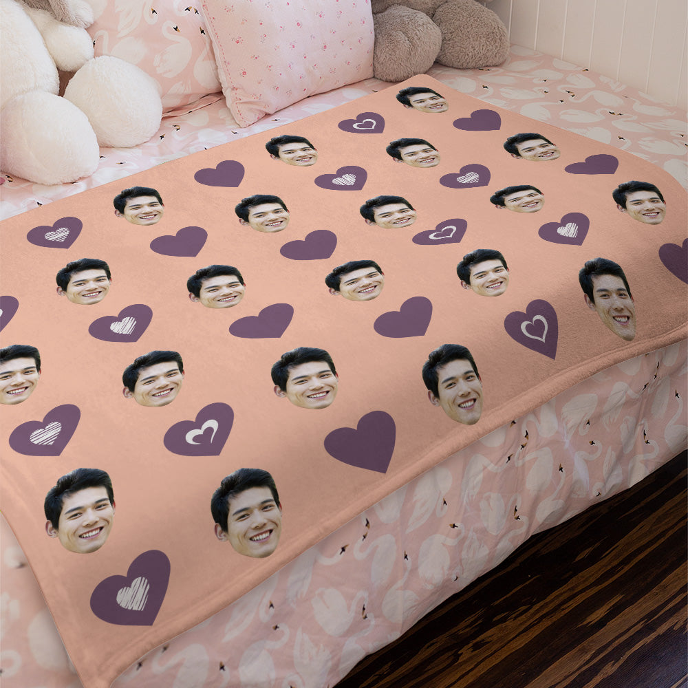 カスタムフォトブランケット-お好きな写真入れ可能なハート柄のフリース毛布カップルへのバレンタインひざかけギフト