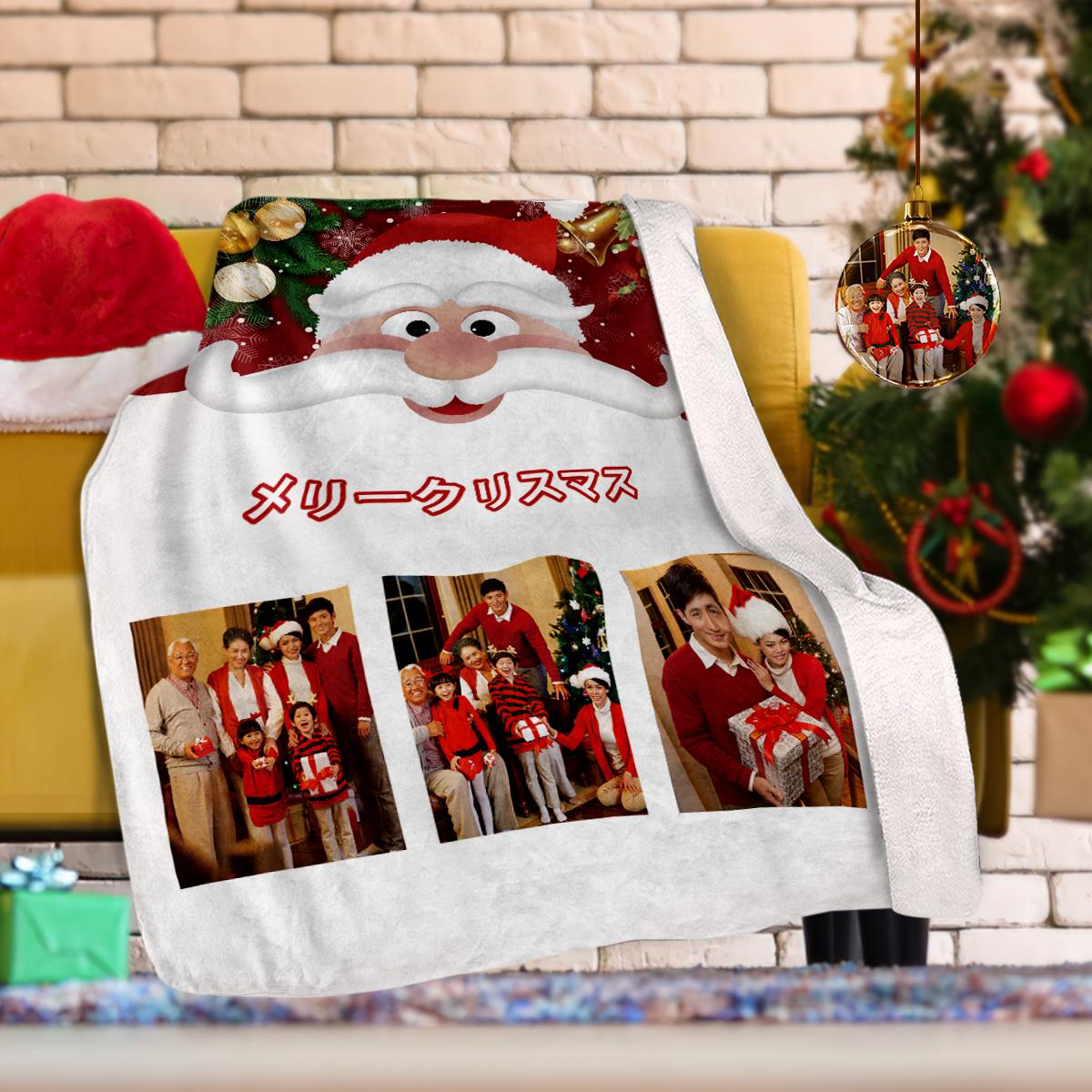カスタムフォトブランケットギフト-写真3枚入り可能なクリスマスフリース毛布ギフト-サンタクロース柄