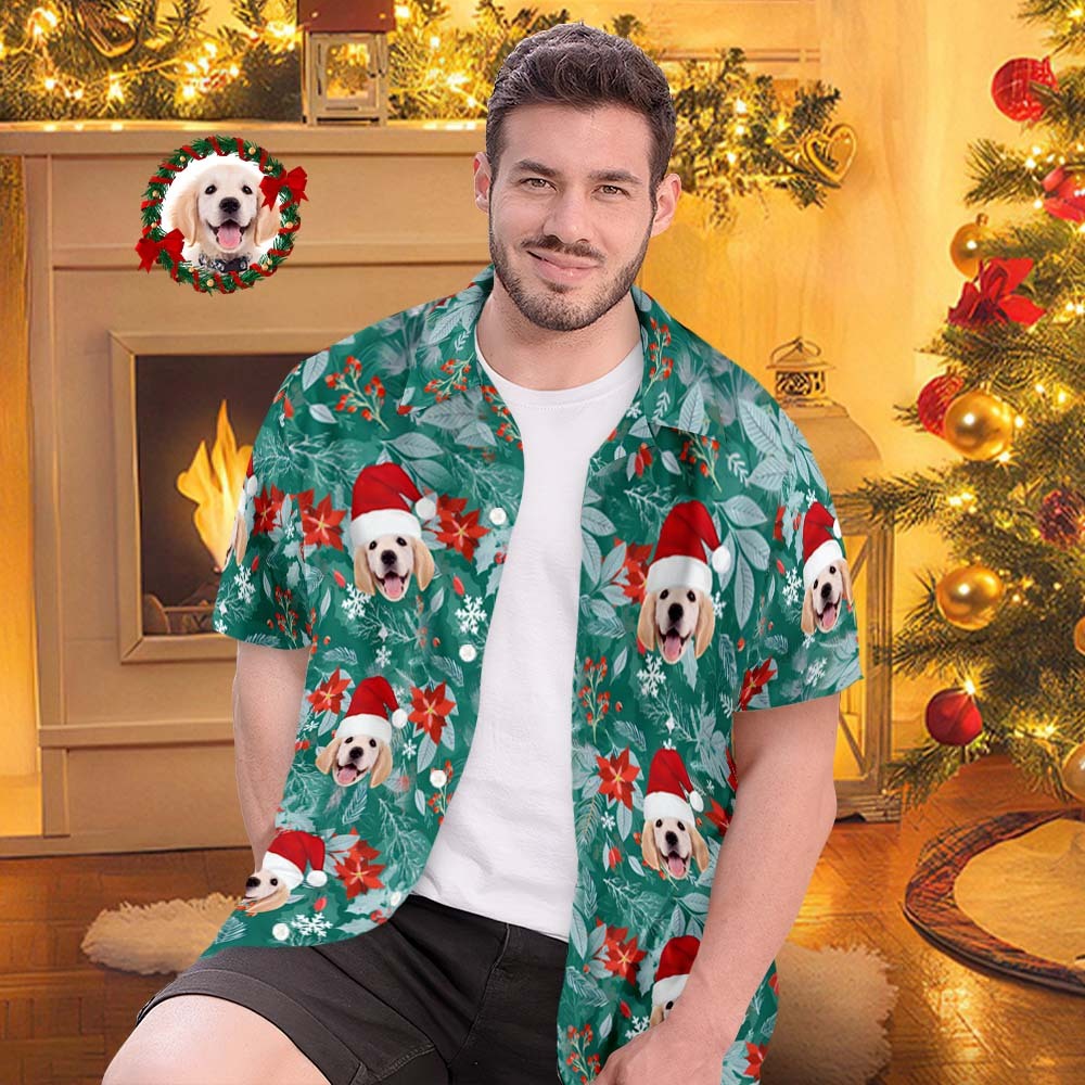 カスタムフォトアロハシャツ-写真入り可能なオリジナルクリスマスアロハシャツギフト-緑の葉