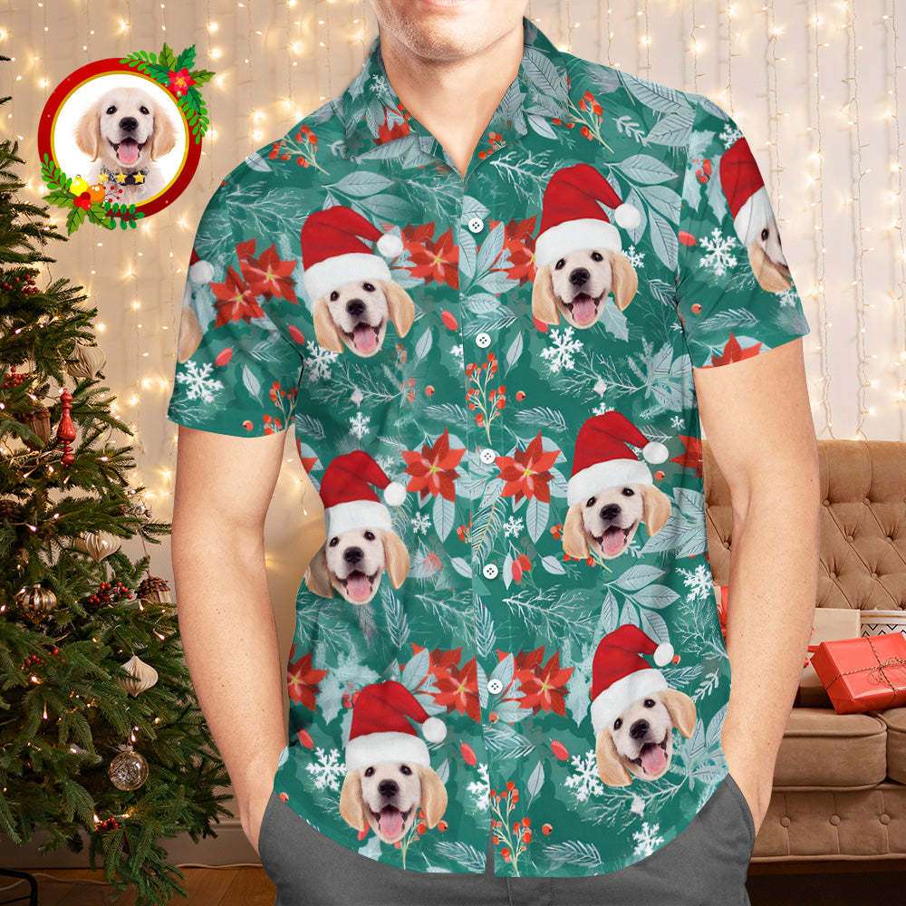 カスタムフォトアロハシャツ-写真入り可能なオリジナルクリスマスアロハシャツギフト-緑の葉