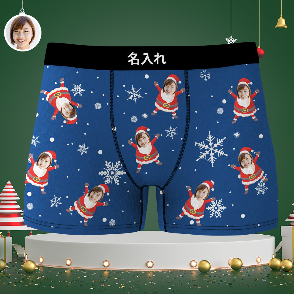 カスタム顔ボクサーパンツ-顔の写真入れ可能なオリジナルフォト下着ショーツクリスマスギフト-雪柄と可愛いサンタ