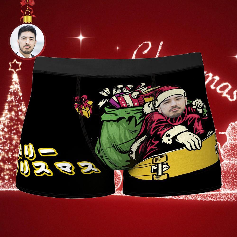 カスタムフォトボクサーパンツ-写真入れ可能なクリスマス下着ギフト-スノーボードのサンタ柄のプレゼント