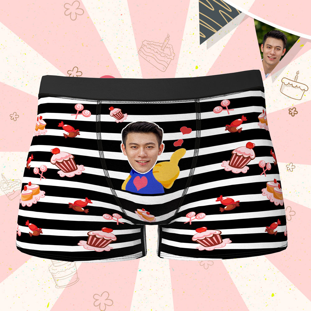 誕生日プレゼント-カスタムフォトボクサーパンツ-写真とテキスト入れ可能な誕生日下着縞とケーキ柄