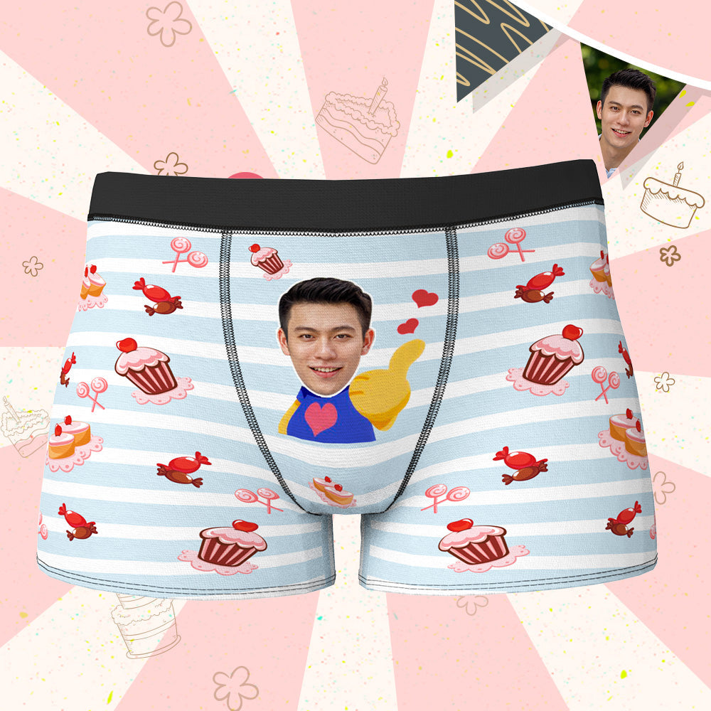 誕生日プレゼント-カスタムフォトボクサーパンツ-写真とテキスト入れ可能な誕生日下着縞とケーキ柄