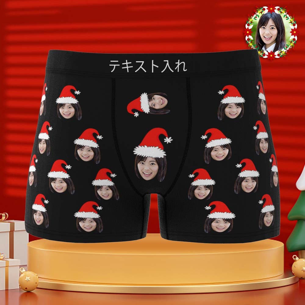 カスタムフォトボクサーパンツ-写真入れ可能なオリジナルクリスマス顔下着ショーツギフト-おもしろサンタ帽子柄